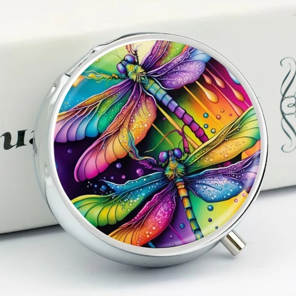 🆕️💊 COLOURFUL DRAGONFLY PORTABLE METAL PILL BOX ORGANIZER WITH MIRROR💊
